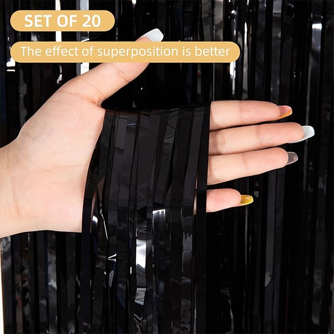 20 Pack Black Foil Fringe Curtains 3.2ft x 9.8ft Black Foil Curtain Backdrop Metallic Tinsel Curtains Streamer Photo Booth Backdrop for Birthday Party Engagement Bachelorette Party Decorations