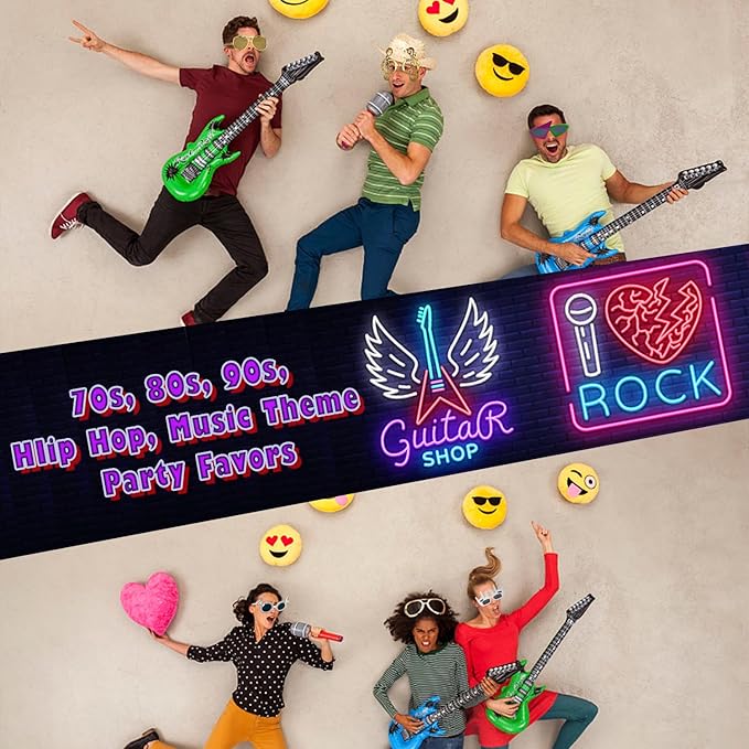 Large Rock Star Funny Sunglasses Set, Rock and Roll Party Funny Music Sunglasses, Inflatable Guitar Microphone for 70s, 80s, 90s, Music Party, Photo Booth Props for Carnival Rock and Roll Party