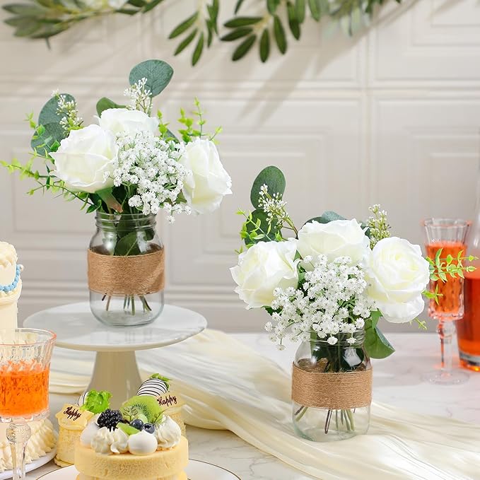 43 Pcs/ 6 Set Rose Mason Jar Table Centerpiece Mason Jar Vases Faux Floral with Rope Boho Rustic Flower Table Decoration for Reception Engagement Party Bridal Shower Wedding