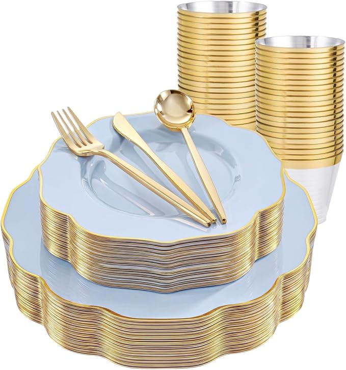 bUCLA 180PCS Blue Plastic Plates - Disposable Light Blue with Gold Rim - Include 30 Each (Dinner & Salad) Plates, 30 Knives, 30 Forks, 30 Spoons, 30 Cups for Party, Birthday & Shower