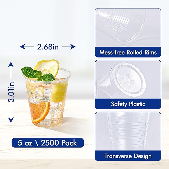 Turbo Bee 2500Pack 5oz Clear Plastic Cups,Small Disposable Party Cups, Plastic Drinking Cold Beverage Clear Tumblers, Picnic, BBQ, Travel, and Events