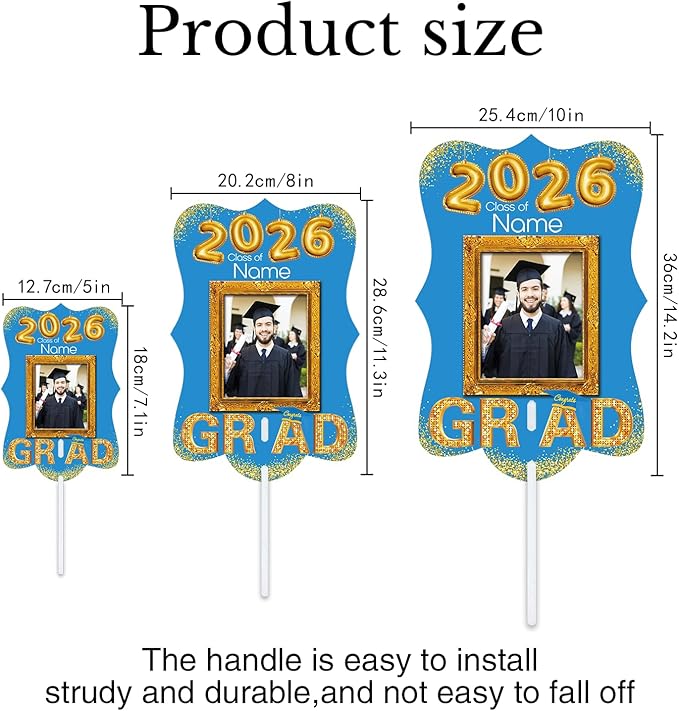 Personalized Graduation Double Sided Face Fan Class of 2026 Customized Graduation Head Face Cutout with Handle Fun Photo Prop Supplies(A-Sky Blue and Gold,12pcs)