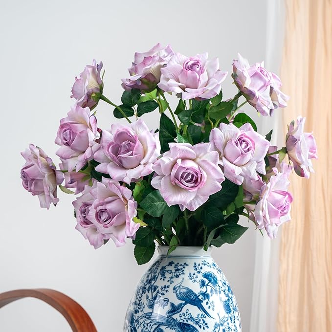 Artificial Flowers Artificial Roses Fake Roses 23.2In Long Stem Artificial Flowers for Tall Vase Silk Rose 20PCS Suitable for Wedding Party Decor Valentine's Day DIY Bouquet Spring (Purple)