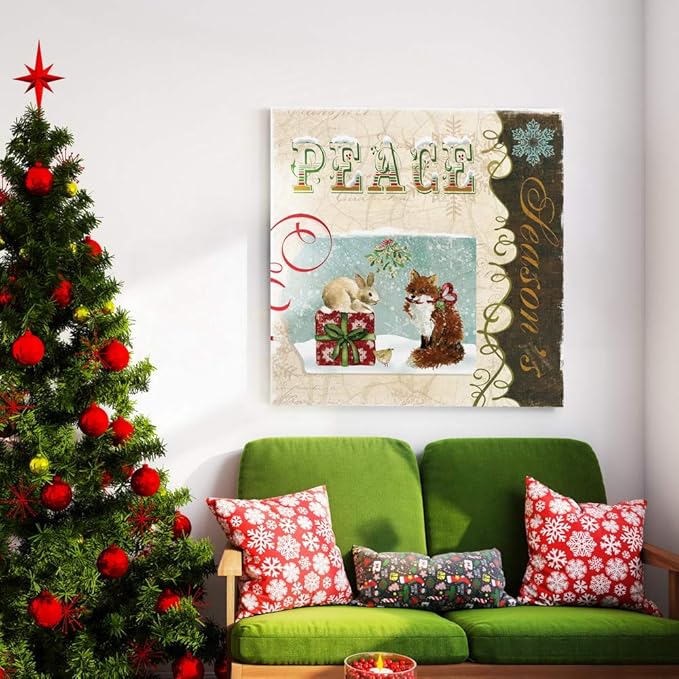 Renditions Gallery Christmas Peace Wall Art, Cute Winter Decor, Festive Rabbit, Fox, and Bird with Present, Premium Gallery Wrapped Canvas, Ready to Hang, 32 in H x 32 in W, Made in America