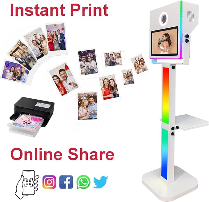 Mirror Photo Booth with Printer Included, 15.6-in Touch Screen Selfie Portable Photobooth Machine for Events Wedding Birthday School Party RGB Lights Stand Flight Case (Black Color+ Printer No Camera)