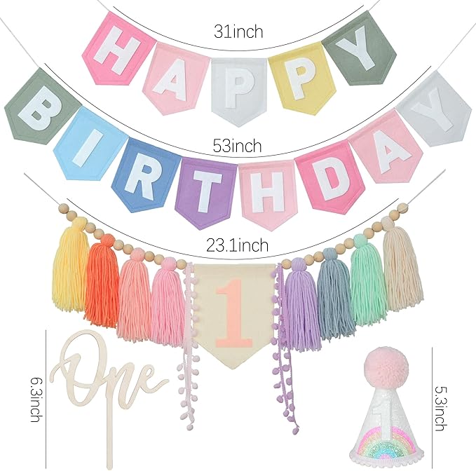 Pastel Macaron Rainbow High Chair Banner Felt Happy Birthday Banner Pre-Strung Birthday Party Decorations For 1st Girl Birthday Backdrop