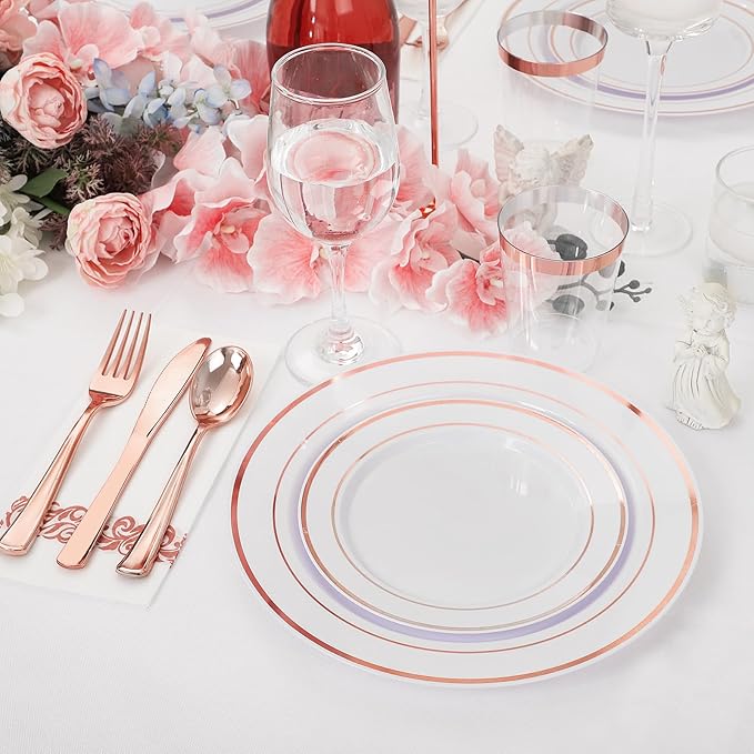Supernal 200pcs Rose Gold Plastic Dinnerware included Disposable Flatware& Plastic Party Plates Disaposable Cups and Napkins,Perfect for Valentine's Day Mother's Day and Easter