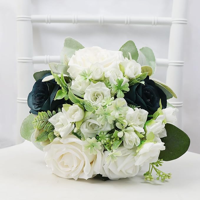 Wedding Bridesmaids Bouquets Set of 6-7 Inch Artificial Flowers Bouquets for Bridesmaids Pre-Made Faux Small Floral Bouquets Bridal Shower, Wedding, Ceremony, Anniversary - White & Teal Blue