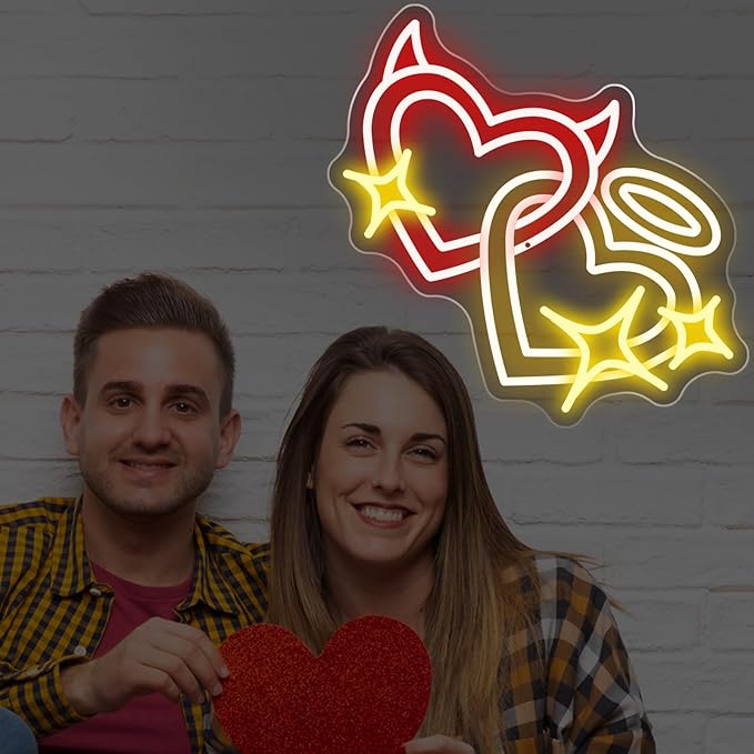 Angel and Devil Heart Neon Sign - 5-Level Dimmable USB Valentine's Day Decor & Heart Neon Signs, Ideal for Weddings, Parties, Shop Walls, Cute Bedroom Wall Art