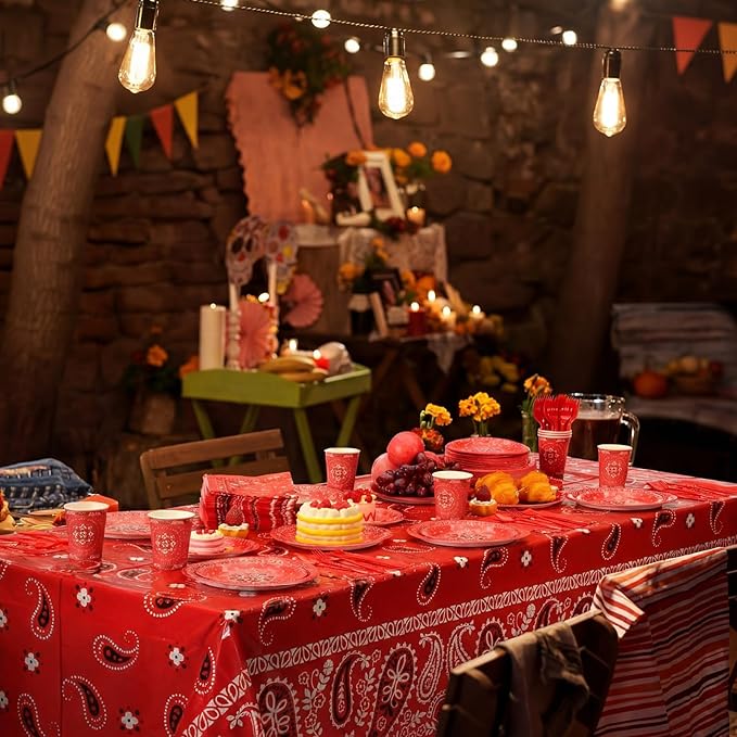 452 Pcs Red Bandana Western Party Decorations for 50 Guests, Red Bandana Paper Plates Cups Napkins Tablecloth Cutlery Straws for Cowboy Cowgirl Farm Baby Shower Birthday Party Supplies