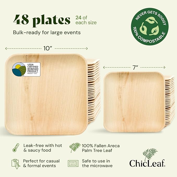 Chic Leaf Compostable & Biodegradable Palm Leaf Disposable Bamboo Plates - Disposable Party Plates for Appetizers - Valentine's Romantic Dinner Table, Reusable Supplies (10 & 7 Inch Square)