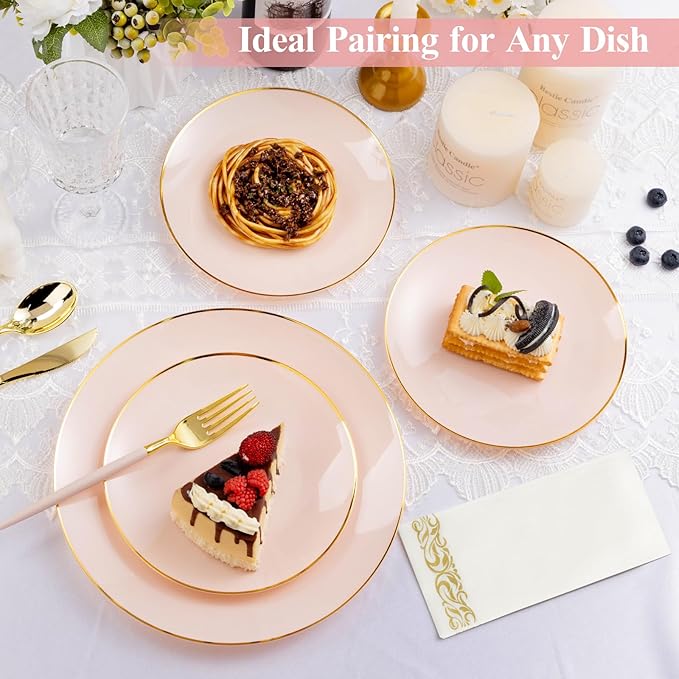 350 Pieces Pink Gold Plastic Dinnerware Set, Gold Disposable Plates for Party, Graduation, Include 100 Pink Plates with 150 Plastic Cutlery, 50 Napkins and 50 Cups