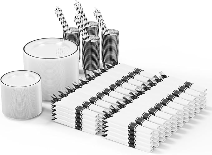 ROVSUN 800 Piece Black Disposable Dinnerware Set for 100 Guests, Clear Plastic Plates for Party, 100 Pre-Rolled Napkins,Silverware,Dinner & Dessert Plates,Cups,Straws for Wedding Birthday Event