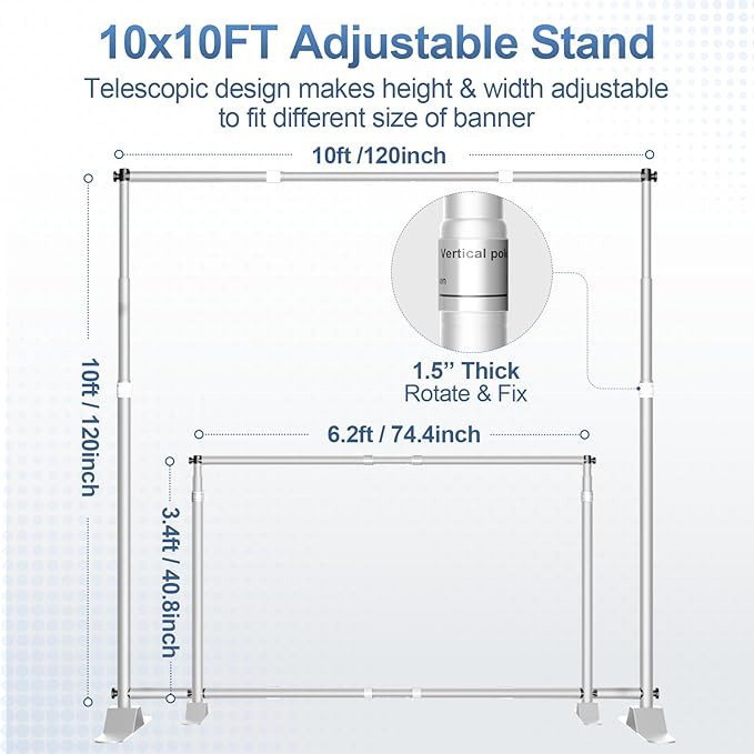 10 x 10FT Backdrop Banner Stand, Heavy Duty Adjustable Photo Background Support Frame Kit, Step and Repeat Stand for Photo Booth, Parties, Exhibition, Trade Show, Wedding - Silver