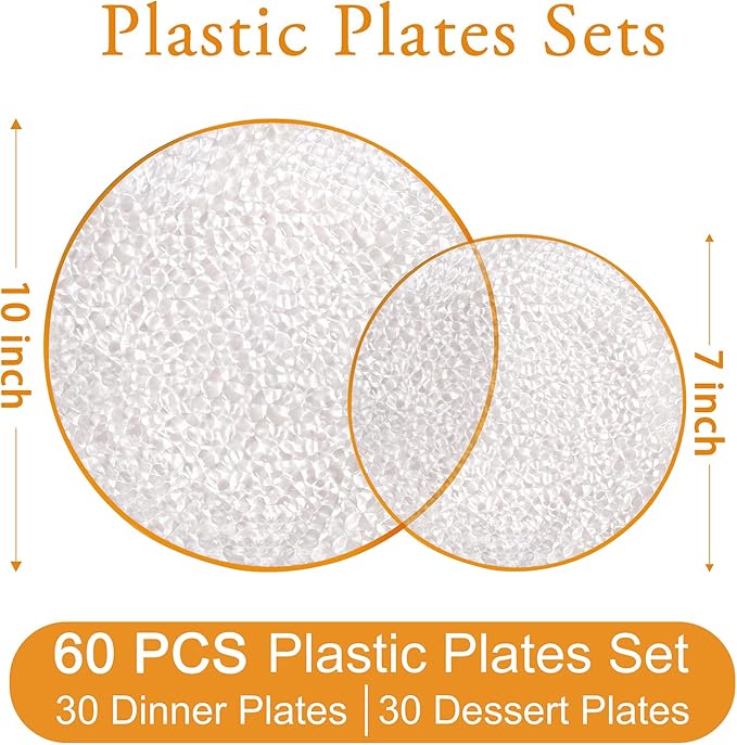 Rubtlamp 60PCS Plastic Orange Plates, Clear Disposable Plates With Orange Rim, Heavy Duty Hammered Plate, Thanksgiving Party Platos Include 30Orange Dinner Platos,30Clear Dessert Plate