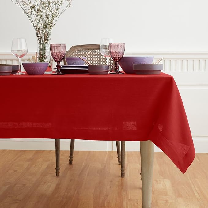 Solino Home Linen Red Tablecloth 60 x 156 Inch - 100% Pure Linen Rectangular Tablecloth - Machine Washable Table Cloth for Valentines - Fete