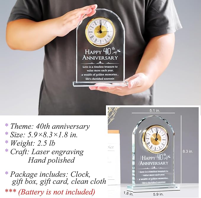 YWHL 40th Wedding Anniversary Clock Gifts for Husband Wife, Happy 40th Anniversary Clock for Parents, 40 Year Anniversary Surprise Gifts for Couple (Battery not Included)