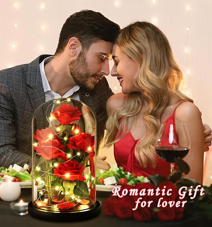 Valentines Day Rose Gifts for Women,Beauty and Beast Rose in Glass Dome with LED Light,Glass Rose Flower Gifts for Her Valentines Birthday Gifts for Women Mom Wife Girlfriend Friend Forever Red Rose