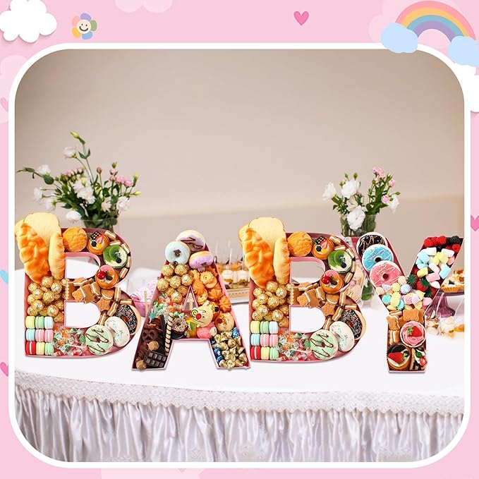 Mifoci 4 Pcs Large Baby Shower Food Trays 13.7" Charcuterie Cardboard Letter Shaped Serving Platter Fillable Boxes for Gender Reveal Baby Shower Party Paper Chocolate Candy Decoration(Light Pink)