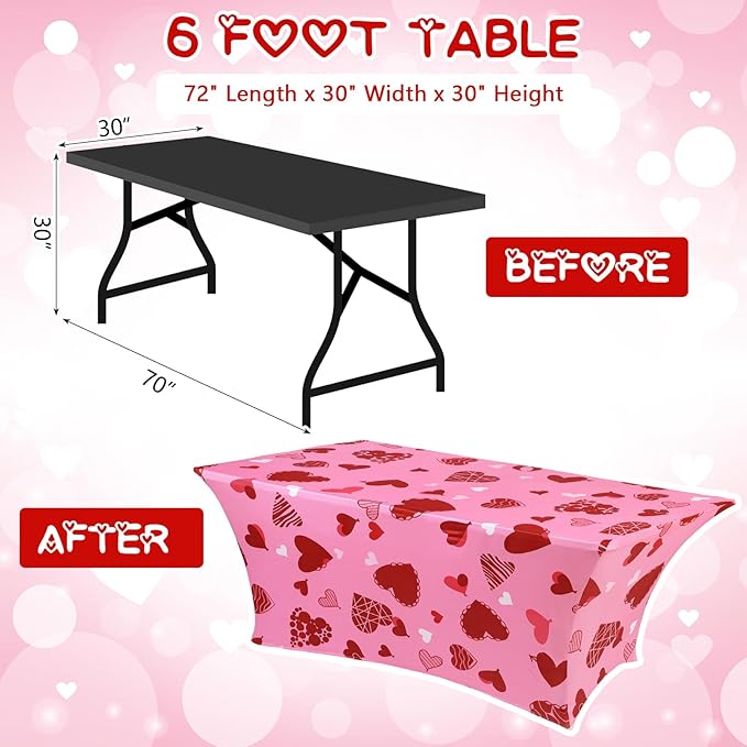 Oudain 2 Pcs Valentine's Day Stretch Table Cover 6 Feet Pink Heart Valentine's Day Spandex Table Clothes Sport Theme Party Decorations for Holiday Party Celebration Picnic Dinner Decor