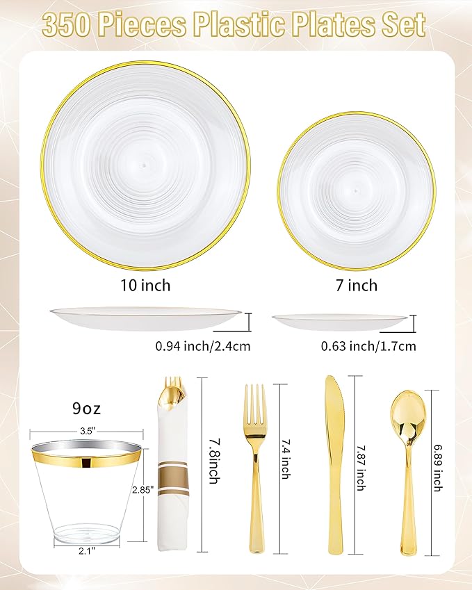 Morejoy 350PCS Pearl White and Gold Plastic Plates - Disposable Gold Party Plates & Pre Rolled Napkins with Cutlery for 50 Guests, 100Plates, 150Silverware, 50Cups, 50Napkin for Party & Thanksgiving