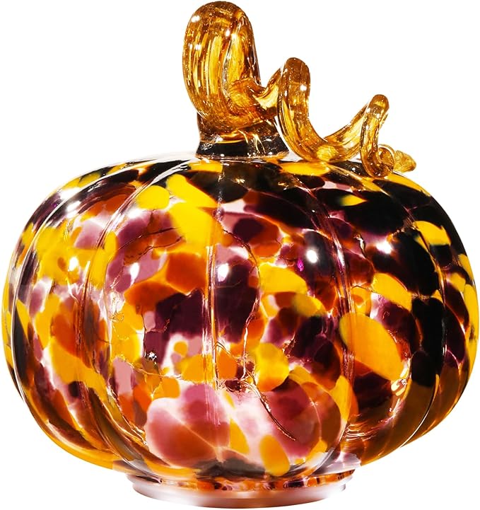 Handcrafted Glass Pumpkin with Warm LED Lights - Halloween & Thanksgiving Decor, Gift-Worthy Fall Home Decoration, 5.9-Inch Light-Up Tabletop Centerpiece (Vine Orange and Purple)