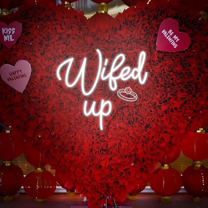 Wifed Up Neon Sign, Funny Romantic LED Light with Engraving Ring for Valentine's Day, Wedding Decor Sign, Bedroom, Party Decor, Couple Space 11.8″ × 10.6″