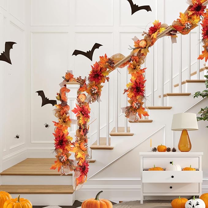 2 Pack 6ft Thick Fall Maple Leaves Garland with Pumpkin and Berry, Artificial Sunflower Autumn Harvest Garland w/Ribbon for Mental, Thanksgiving, Halloween, Fireplace Porch Indoor Outdoor Decoration