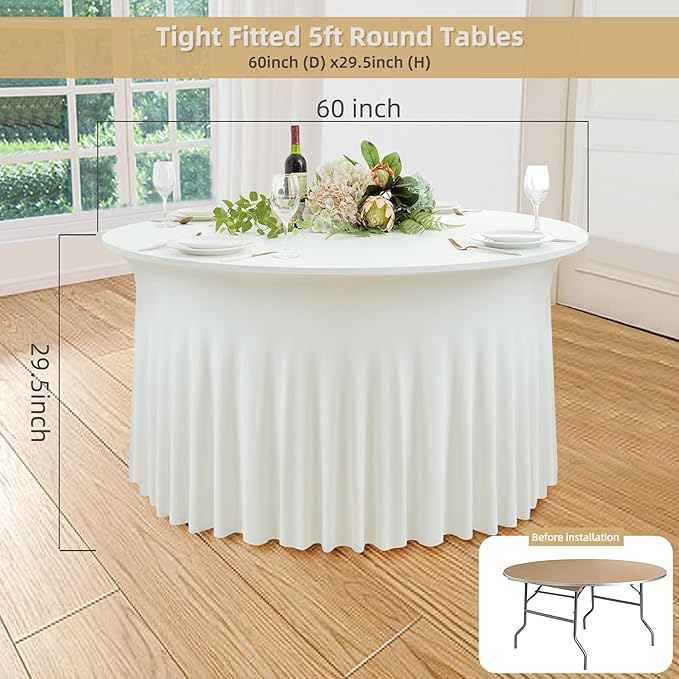 4 pk Ivory Spandex Round Tablecloths for 60 inch Table, Wrinkle Free 120inch Stretchy Fitted 5FT Round Table Cloths Cover with Skirt for Wedding Party Dining Banquet