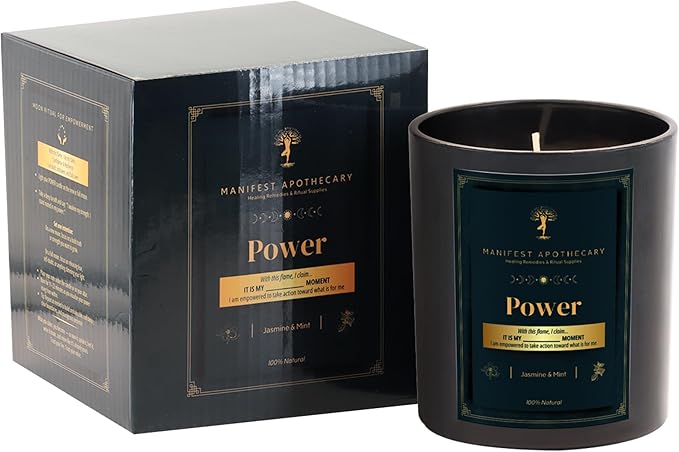 Power Aromatherapy Candle – Jasmine & Mint Scent with Pyrite Crystals – Hand-Poured Soy Candle for Confidence, Courage & Energy Alignment by Manifest Apothecary- Green (Power)