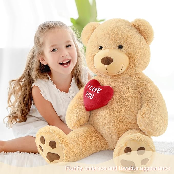 Red Heart Giant Teddy Bears, Brown Big Teddy Bear Stuffed Animals with Embroidered I Love You for Girlfriend, Large Valentines Fluffy Teddy Bear Birthday Gifts 36 inch