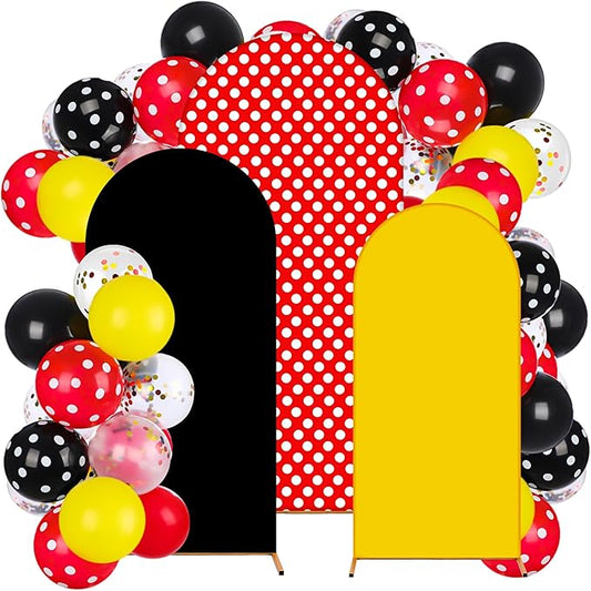 34 Pieces Cartoon Mouse Birthday Party Decorations 4ft 5ft 6ft Arch Covers 3 Pcs Cartoon Mouse Theme Spandex Arch Backdrop Cover 30 Pcs Red Yellow Black Balloons 1 Ribbon for Party Decor