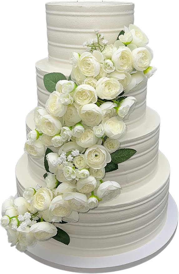 FromJennWithLove 4 Tier Fake Cake - 16'' Tall Ivory Cake with White & Ivory Flowers - Perfect With Wedding Cake Toppers & Cake Decorations for Event Planners, Wedding Coordinators, Special Events