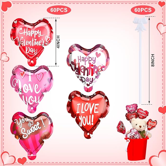 60 Pcs 4 Inch Valentine‘s Day I Love You Balloons Self Inflating Valentine Heart Automatic Inflatable Mini Foil Balloons on a Stick for Party Decor