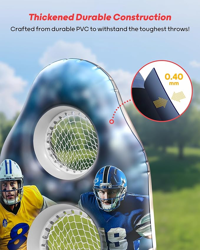 QPAU Dual-Hole Inflatable Football Target for Kids & Adults, Life-Size Backyard Toss Game with 4 Balls, Scoreboard & Pumps – Outdoor Toy for Boys Girls, Sports Training & Family Fun
