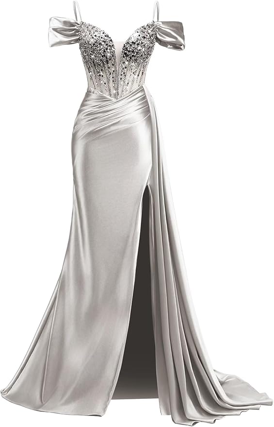 Rjer Off The Shoulder Satin Prom Dresses Long with Slit Tail 2026 Sequin Beaded Pleated Evening Ball Gown for Women Formal