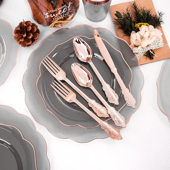 BUCLA 30Guests Clear Black Plastic Plates With Rose Gold Silverware & Cups - Rose Gold Rim Plastic Dinnerware Ideal for Party & Valentines