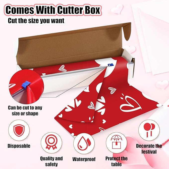 Oudain 54 Inch X 300 Feet Valentine St Patrick Plastic Tablecloth Roll Set, Valentine Day Table Cover Roll Holiday Disposable Tablecloth Rolls Waterproof Table Cover Rolls with Cutter Box for Party
