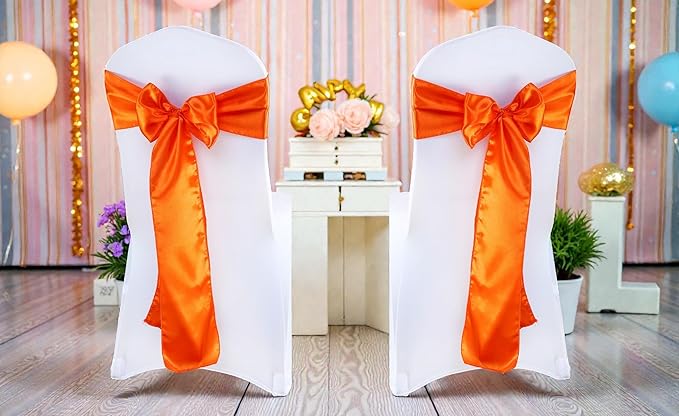 VDS Satin Chair Sashes Chair Cover Back Tie Sateen Bows Ribbon for Wedding Birthday Graduation Engagement Ceremony Event Party Banquet Venue Hotel All Dining Chair Decoration (50PC) (Orange)
