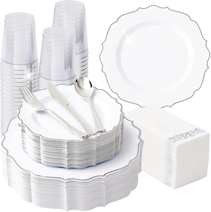 350 PCS Silver Disposable Plates, Scalloped Dinnerware Set for 50 Guests, 100 Plastic Plates, 150 Silverware, 50 Cups & 50 Paper Napkins, Silver