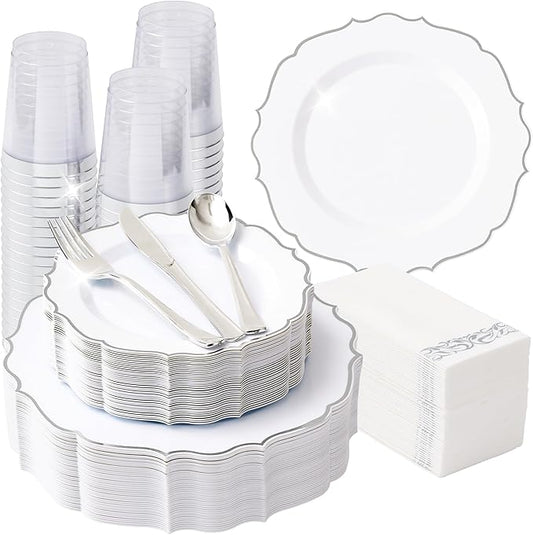 350 PCS Silver Disposable Plates, Scalloped Dinnerware Set for 50 Guests, 100 Plastic Plates, 150 Silverware, 50 Cups & 50 Paper Napkins, Silver