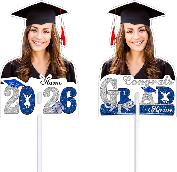 Personalized Graduation Face Fan 2026 Grade Custom Double Sided Face Cutout Fan with Handle Photo Booth Prop Party Supplies(B-Blue and Silver,12pcs)