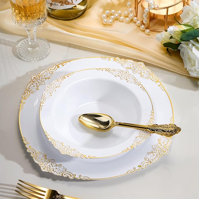100 Pack White Plastic Bowls with Gold Relief Rim, 12oz Plastic Salad Bowl, Disposable Bowls for Party, Dinners, Weddings, Christmas, Thanksgiving, Valentine's Day