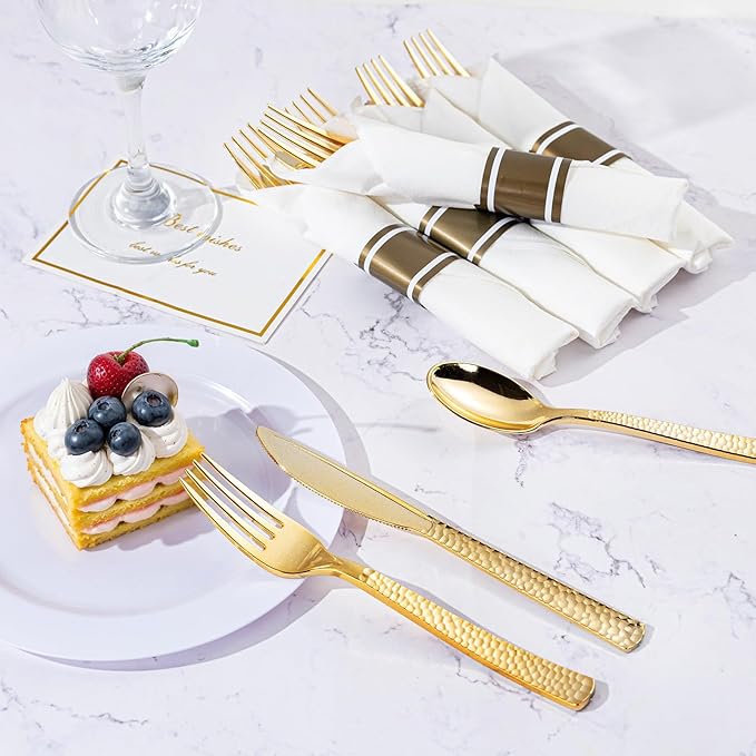 WELLIFE 100 Pack Gold Plastic Silverware, Pre Rolled Silverware Set Disposable,Plastic Cutlery Includes: 100 Forks, 100 Knives, 100 Spoons, 100 Napkins, Cutlery Set Disposable for Party