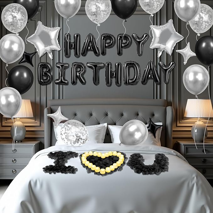 Black Happy Birthday Balloons Decorations Silver and Black Birthday Balloon Letters Banner with 6 Pcs Star Balloons Black Artificial Rose Petals 24 Flameless LED Candles for Room Birthday Party Decor