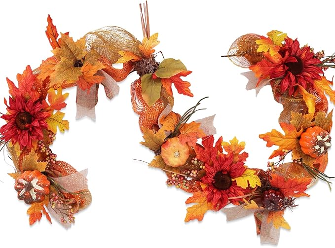 2 Pack 6ft Thick Fall Maple Leaves Garland with Pumpkin and Berry, Artificial Sunflower Autumn Harvest Garland w/Ribbon for Mental, Thanksgiving, Halloween, Fireplace Porch Indoor Outdoor Decoration