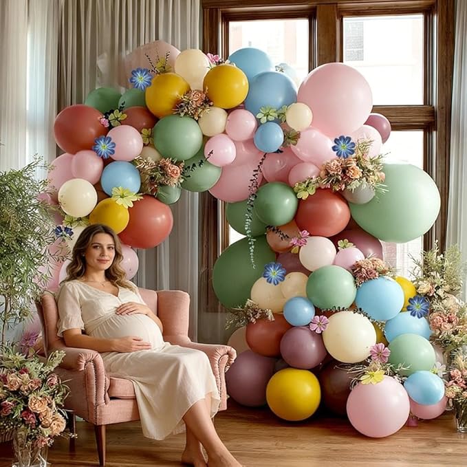 Blue Green Pink Balloon Arch Double Stuffed, Pastel Green Purple Yellow Beige Balloons Cosmos Kelsang Flowers for Baby Shower Birthday Bridal Gender Reveal Floral Easter Tea Party Decorations