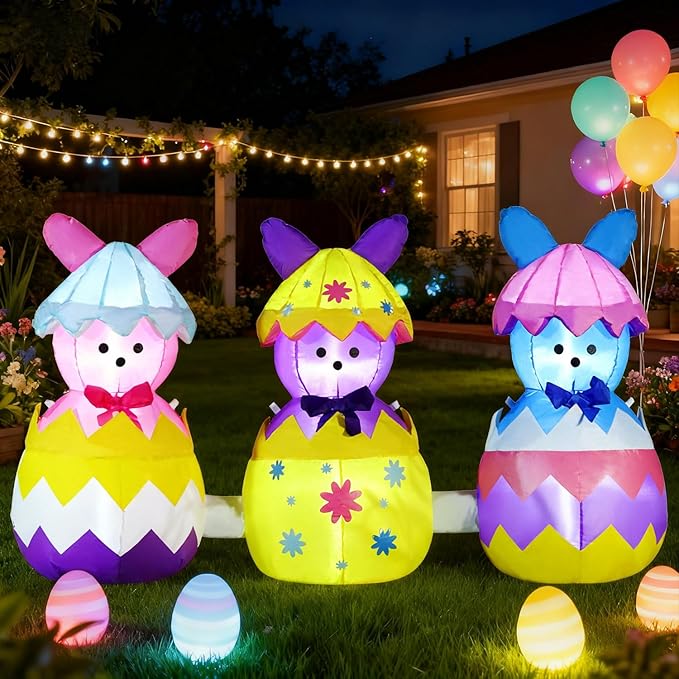 Domkom 6FT Long Easter Inflatable Bunny Outdoor Decorations, Build-in LED Lights Holiday Blow Up Yard Decoration, for Easter&Spring, Outdoor,Garden, Yard Lawn Décor