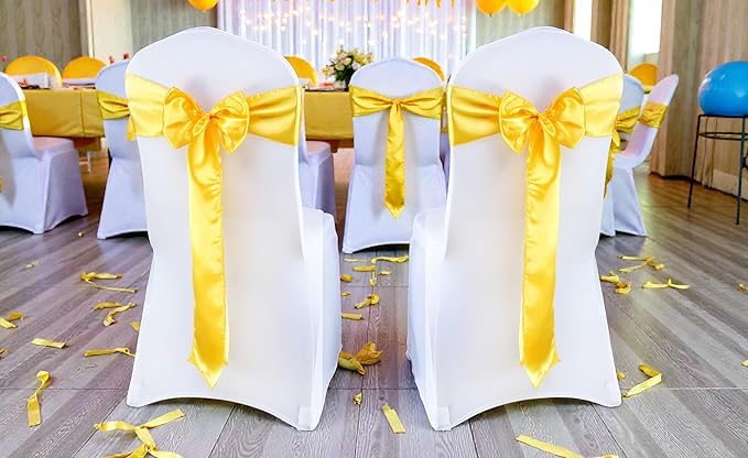 VDS Satin Chair Sashes Chair Cover Back Tie Sateen Bows Ribbon for Wedding Birthday Graduation Engagement Ceremony Event Party Banquet Venue Hotel All Dining Chair Decoration (150PC) (Yellow Gold)