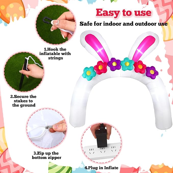VIHOSE 10FT Easter Bunny Inflatable Arch with Flowers Giant Easter Blow Up Yard Decoration Rabbit Ear Archway Yard White Decoration with Build-in LED for Party Lawn Easters Egg Hunt Event